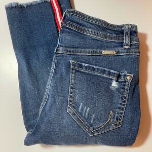 INC Skinny Leg Jeans Racing Stripe Blue Denim Casual Raw Hem 4 Petite EUC